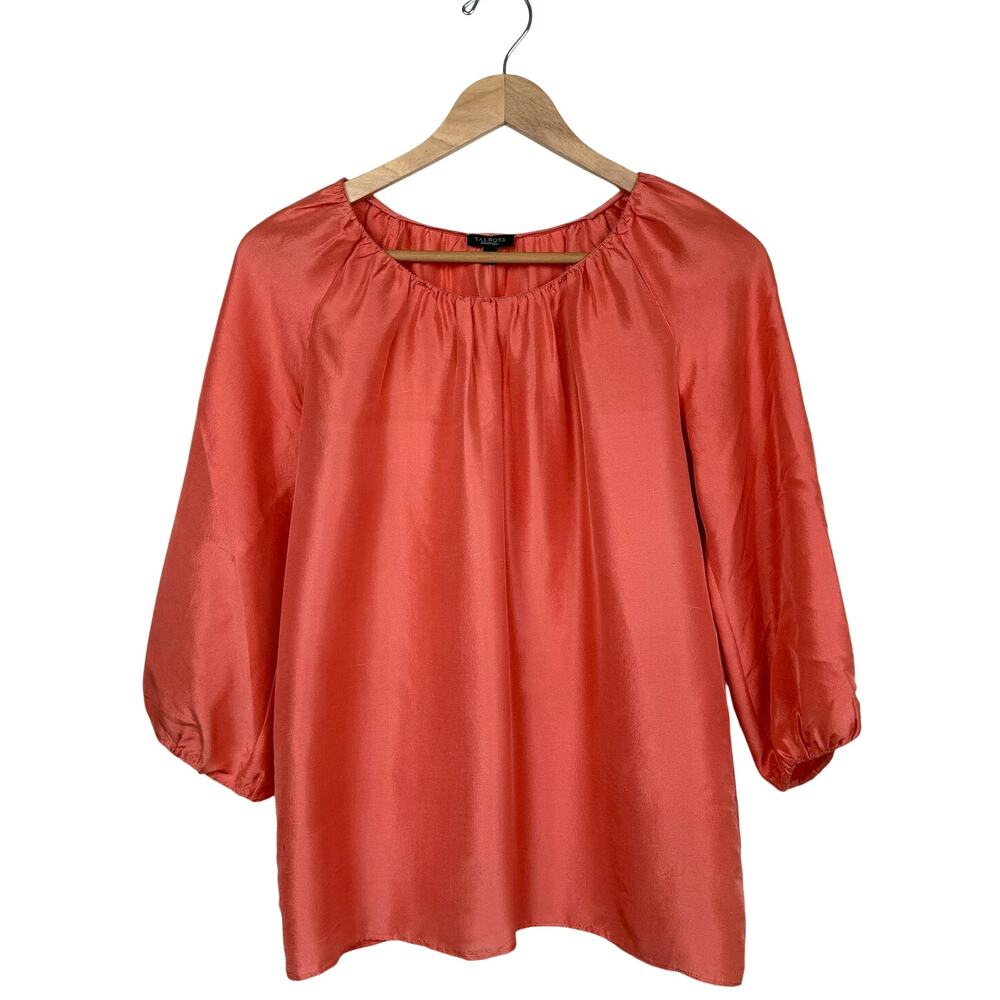 Talbots 100% Silk Habotai Romantic Blouse Size Small Peach Coral Balloon Sleeve